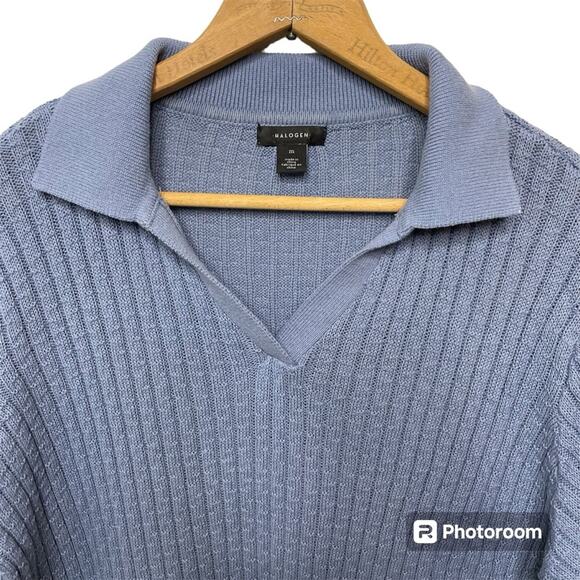 Halogen Women’s Dusty Blue Collared Sweater Long Sleeve V-Neck Cotton Medium - Picture 3 of 10